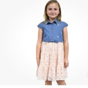 NWT Zunie Girls Pink Denim Short Cap Sleeve Tiered Dress 7/8